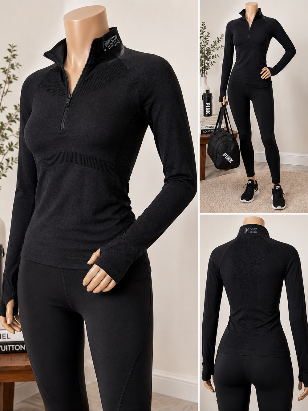 PINK Active Victorias Secret M Black 1/4 Zip Seamless Running Top Thumbholes